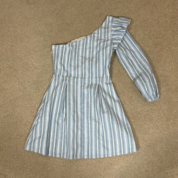 NWT Majorelle Jennie Mini Dress Blue Chambray Stripe One Shoulder Ruffled Sz XS - Picture 4 of 6